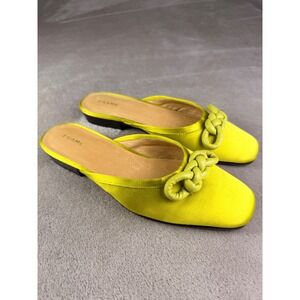 FRAME $348 Chartreuse Satin Le Island Flat 6 Braided Knot Mules Square Toe Green
